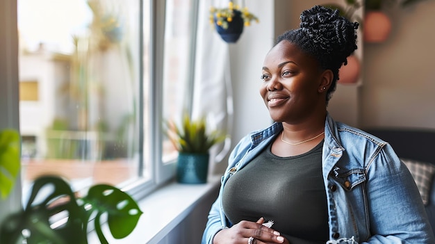 a pregnant woman sits in front of a window with a plant in the background