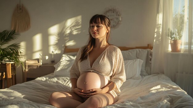 Pregnant Woman Sitting on Bed in Light Room