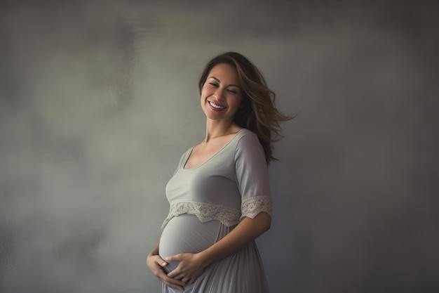 A pregnant woman smiles as she stands in front of a gray background