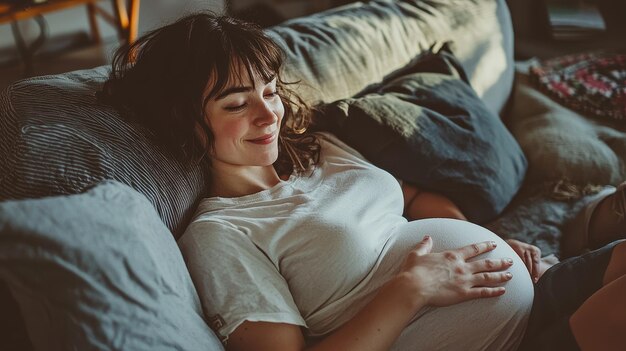 Photo a pregnant woman smiling while resting on a cozy couch gently holding her belly