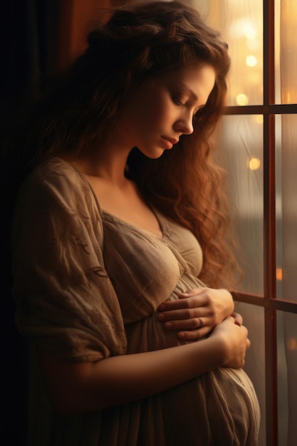 A pregnant woman standing by a window