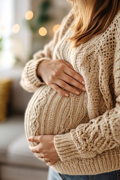 Photo pregnant woman standing in her living room holding her belly and wearing a beige sweater