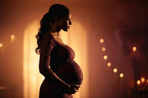 A pregnant woman standing in a room illuminated by candles This image can be used to depict a calm and serene atmosphere during pregnancy or for maternityrelated content