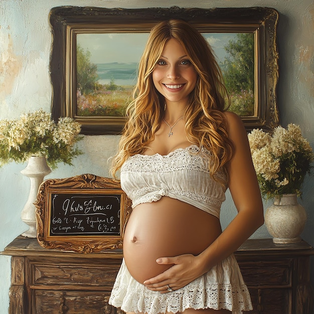 a pregnant woman stands in front of a chalkboard that says quot baby quot