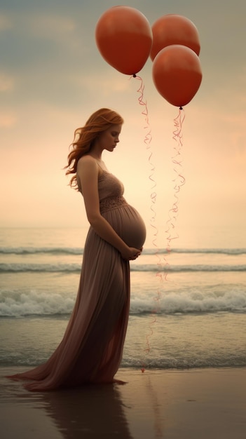 Pregnant Woman Wearing a Long Dress and Standing Sideways Hugging Her Stomach at Sunset in the Sea against the Waves with balloons Expectant mother Summer Holidays Weekends Travel concepts