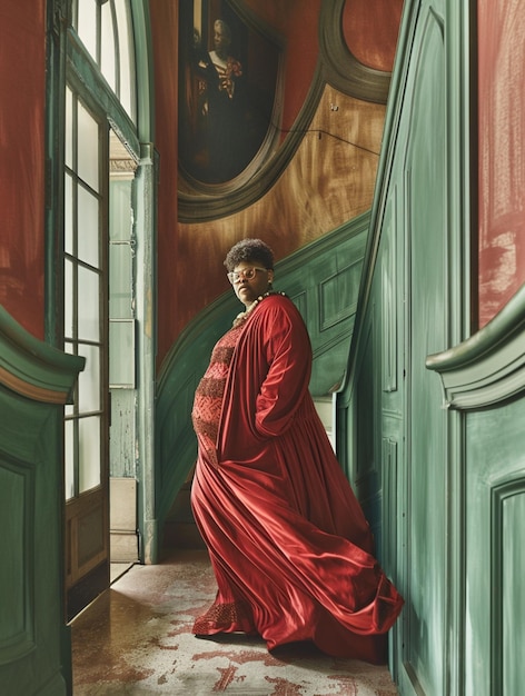 Photo pregnant woman wearing red dress standing in old house