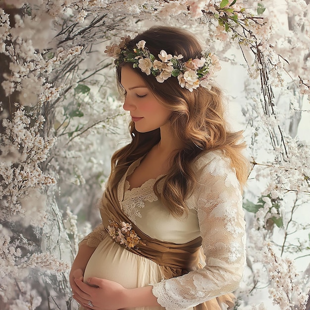 a pregnant woman in a white dress is standing in front of a tree with white flowers