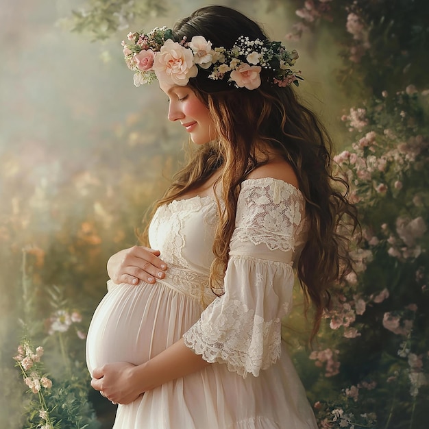 a pregnant woman in a white dress with flowers on her chest