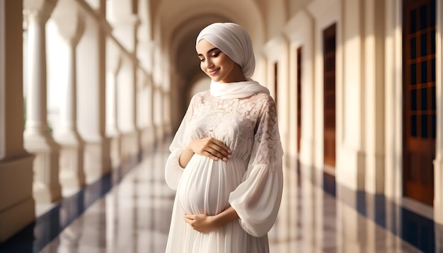 a pregnant woman in a white dress with a white veil and a white shawl