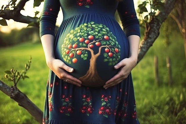 A pregnant woman with a belly that depicts an apple tree with ripe fruit