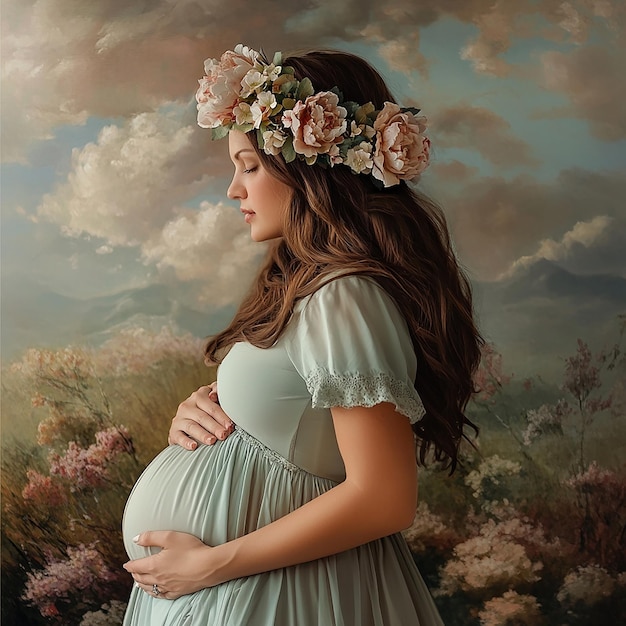 a pregnant woman with a floral headband is standing in a field with flowers on her head