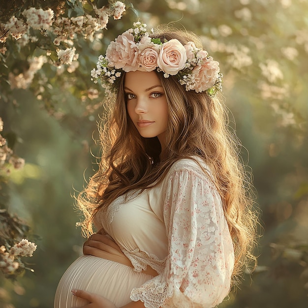 a pregnant woman with a flower crown on her belly