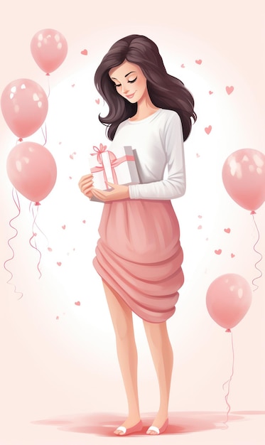 Pregnant Woman with Gift Celebrating Pregnancy in Pastel Party Atmosphere