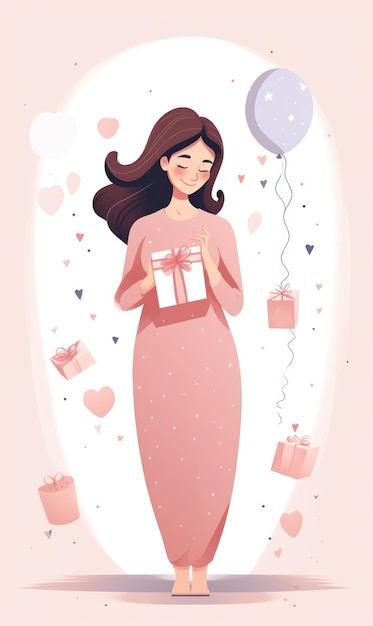 Pregnant Woman with Gift Celebrating Pregnancy in Pastel Party Atmosphere