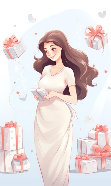 Pregnant Woman with Gift Celebrating Pregnancy in Pastel Party Atmosphere