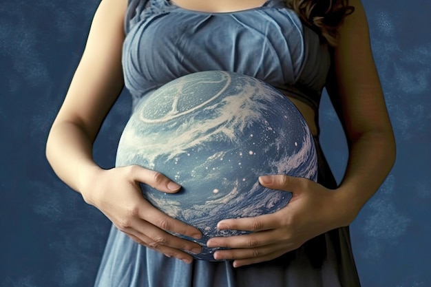 Pregnant woman with a globe instead of a belly The concept of a new life on the planet