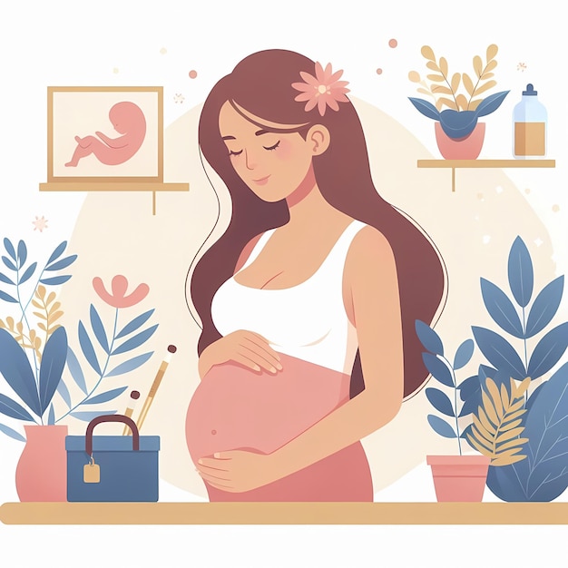 Pregnant woman with hands on her belly flat style illustration