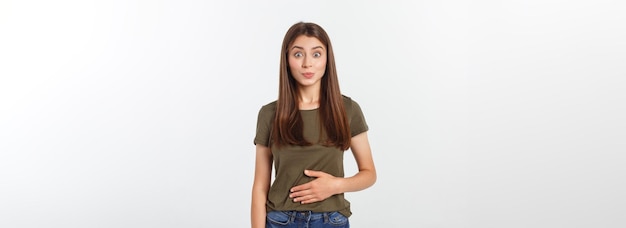 Pregnant woman with her hands on her stomach isolated against white background