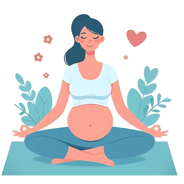 a pregnant woman in yoga poses with a heart and a heart in the background