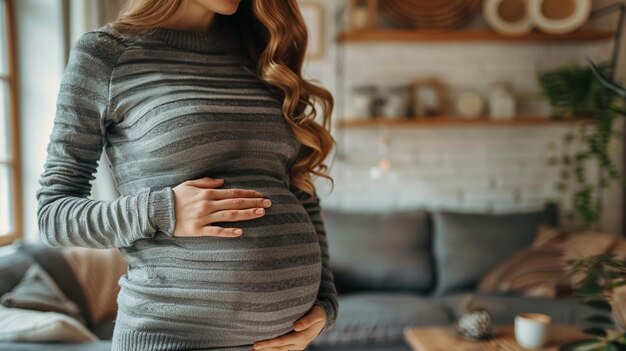 Photo pregnant womans belly with a focus on another womans hand gently resting on it symbolizing suppor