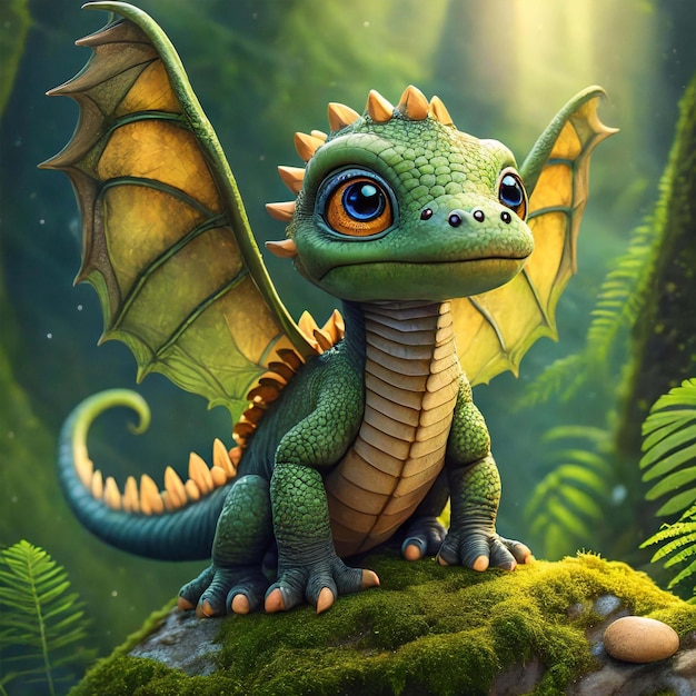 Prehistoric adorable reptilian creature with big eyes and wings sitting on a mossy rock