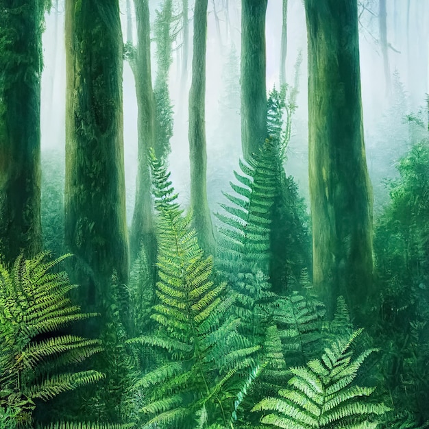 Prehistoric antediluvian forest landscape with primitive trees and ferns Digital 3D illustration