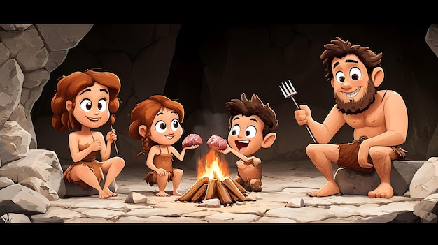 Photo prehistoric family roasts meat over campfire in cozy cave dwelling