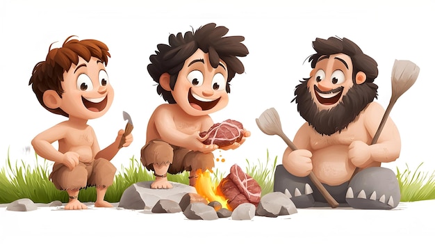 Photo prehistoric hunters cooking meat over open flame in wilderness