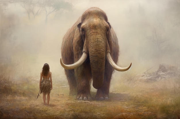 Prehistoric mammoth with woman Generate Ai