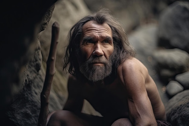 Prehistoric neanderthal man in cave Generative AI