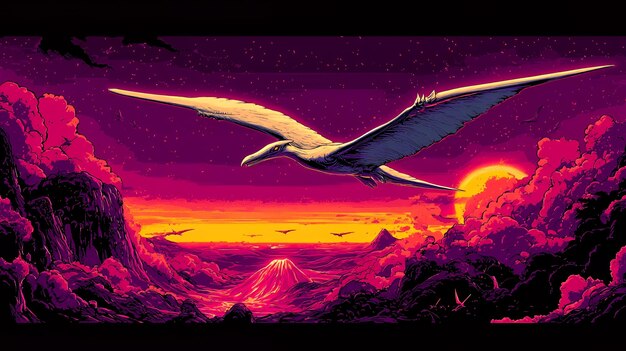 Prehistoric Pterosaur Flying Over Volcanic Landscape at Sunset