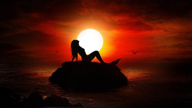 Premade background stock with beautiful mermaid in sunset