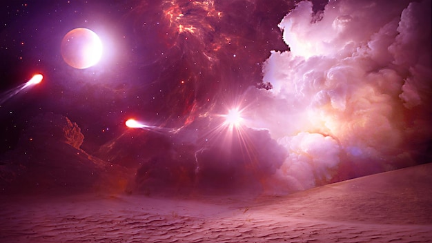 Premade background stock with mysterious dusty planet comets and a sun