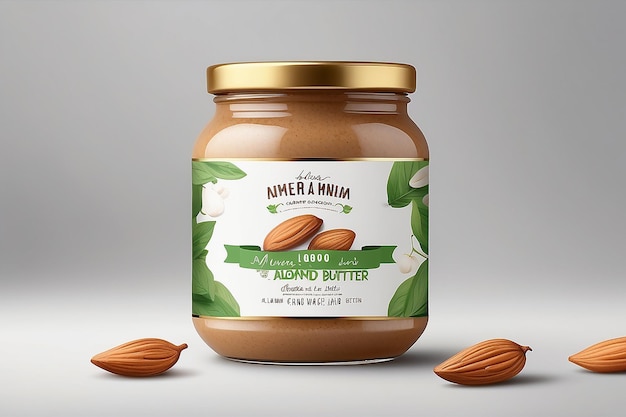 Premium Almond butter label design Organic quality product Almond butter Jar label Illustration with realistic glass jar mockup