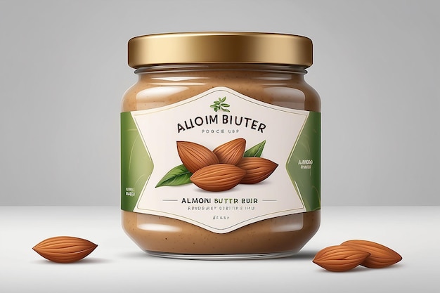 Premium Almond butter label design Organic quality product Almond butter Jar label Illustration with realistic glass jar mockup