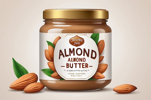 Premium Almond butter label design Organic quality product Almond butter Jar label Illustration with realistic glass jar mockup