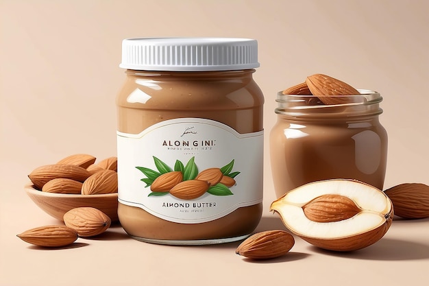 Premium Almond butter label design Organic quality product Almond butter Jar label Illustration with realistic glass jar mockup