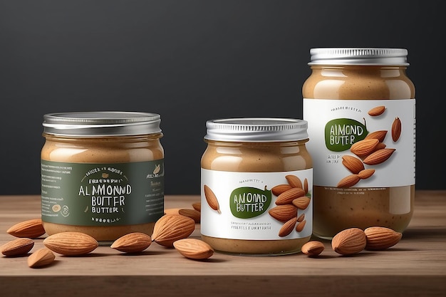 Premium Almond butter label design Organic quality product Almond butter Jar label Illustration with realistic glass jar mockup