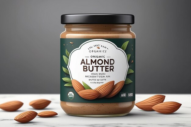 Photo premium almond butter label design organic quality product almond butter jar label illustration with realistic glass jar mockup