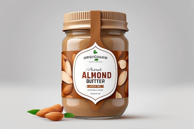 Premium Almond butter label design Organic quality product Almond butter Jar label Illustration with realistic glass jar mockup