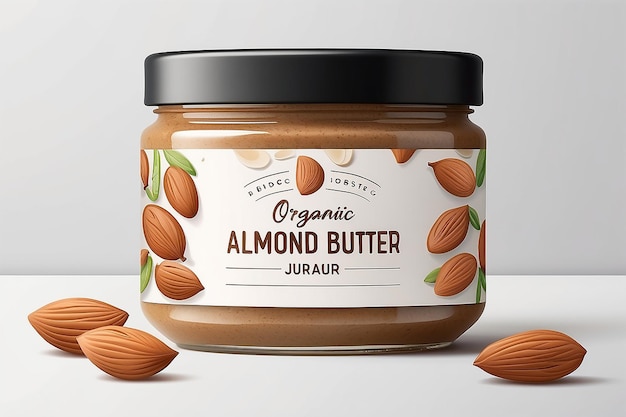 Premium Almond butter label design Organic quality product Almond butter Jar label Illustration with realistic glass jar mockup