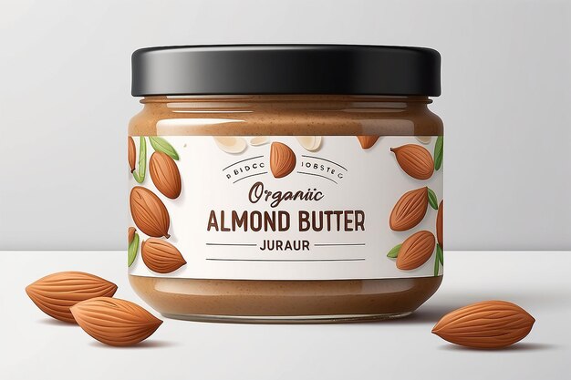 Photo premium almond butter label design organic quality product almond butter jar label illustration with realistic glass jar mockup