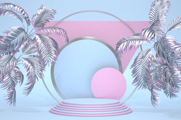 Premium blue pink pastel 3D podium on pastel background with abstract palms Geometric shapes for the exhibitions presentation of products Summer style illustration