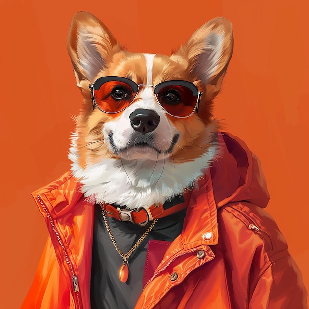 Photo premium character design portrait of a elegant corgi dressed in trendy street clothes valorantes