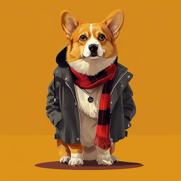 Photo premium character design portrait of a elegant corgi dressed in trendy street clothes valorantes