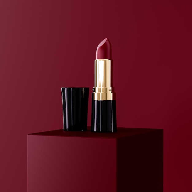 Premium Deep Red lipstick product on square stage Isolated on red background Lipstick 3d