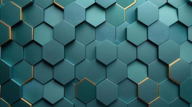 A premium geometric background featuring interlocking hexagons in shades of teal and gold creating