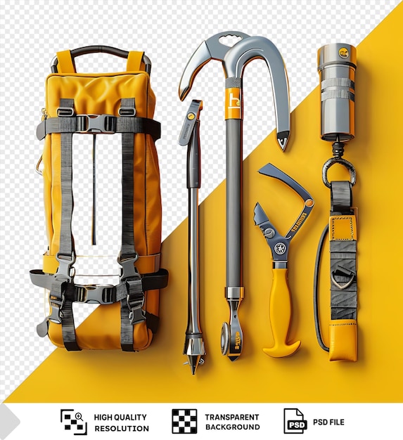 Premium ice climbing tools with black strap and yellow handle showcased on yellow wall next to a bag