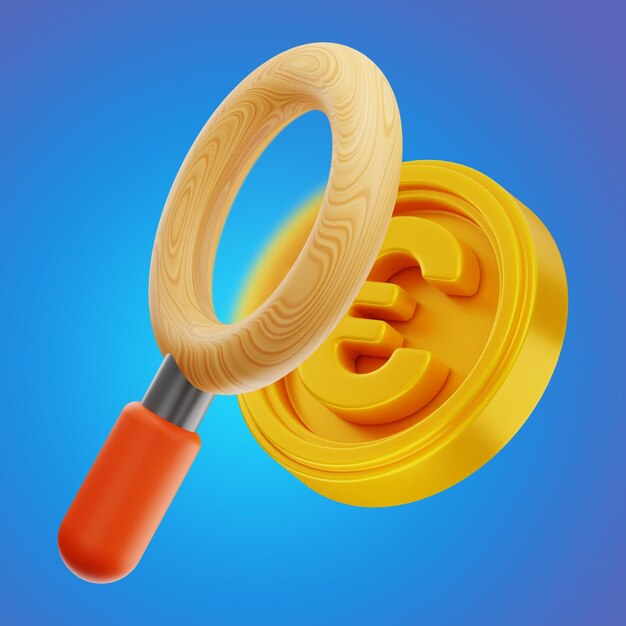 premium magnifying glass euro money finance icon 3d rendering on isolated background