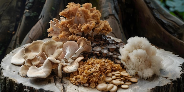 Photo premium mushroom blend featuring shiitake lion39s mane reishi cordyceps chaga and turkey tail concept mushroom blend premium quality shiitake lion39s mane reishi cordyceps chaga